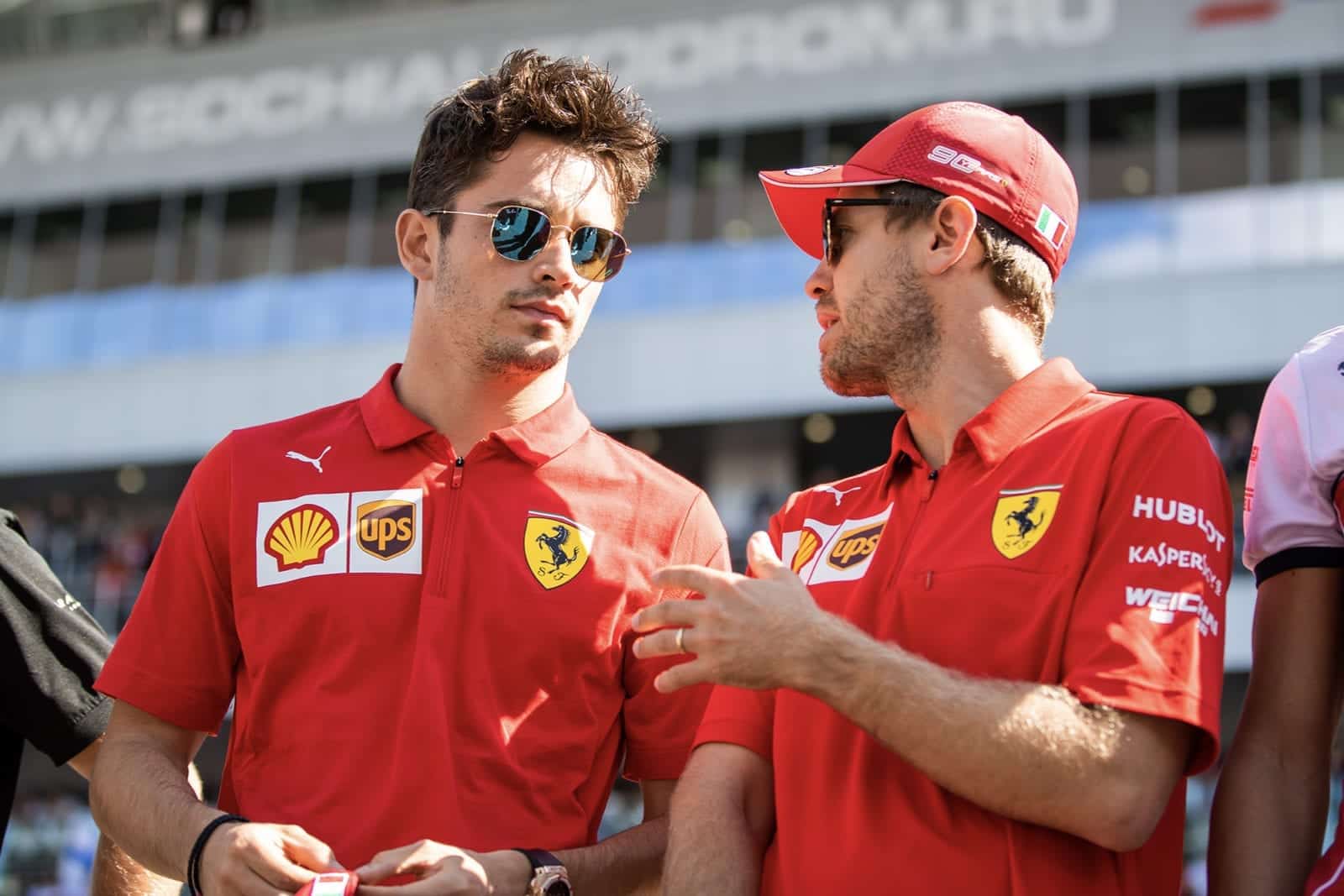 Charles Leclerc talks to Sebastian Vettel at the 2019 Russian Grand Prix