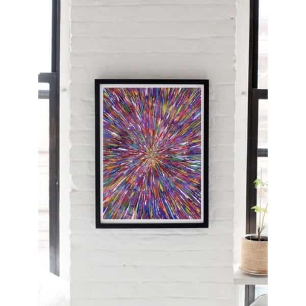 purple abstract painting hung on white wall