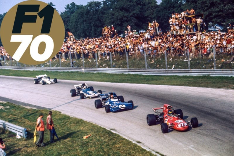Ronnie Peterson's March leads Francois Cevert's Tyrrell and Mike Hailwood's Surtees in the 1971 F1 Italian Grand Prix at Monza