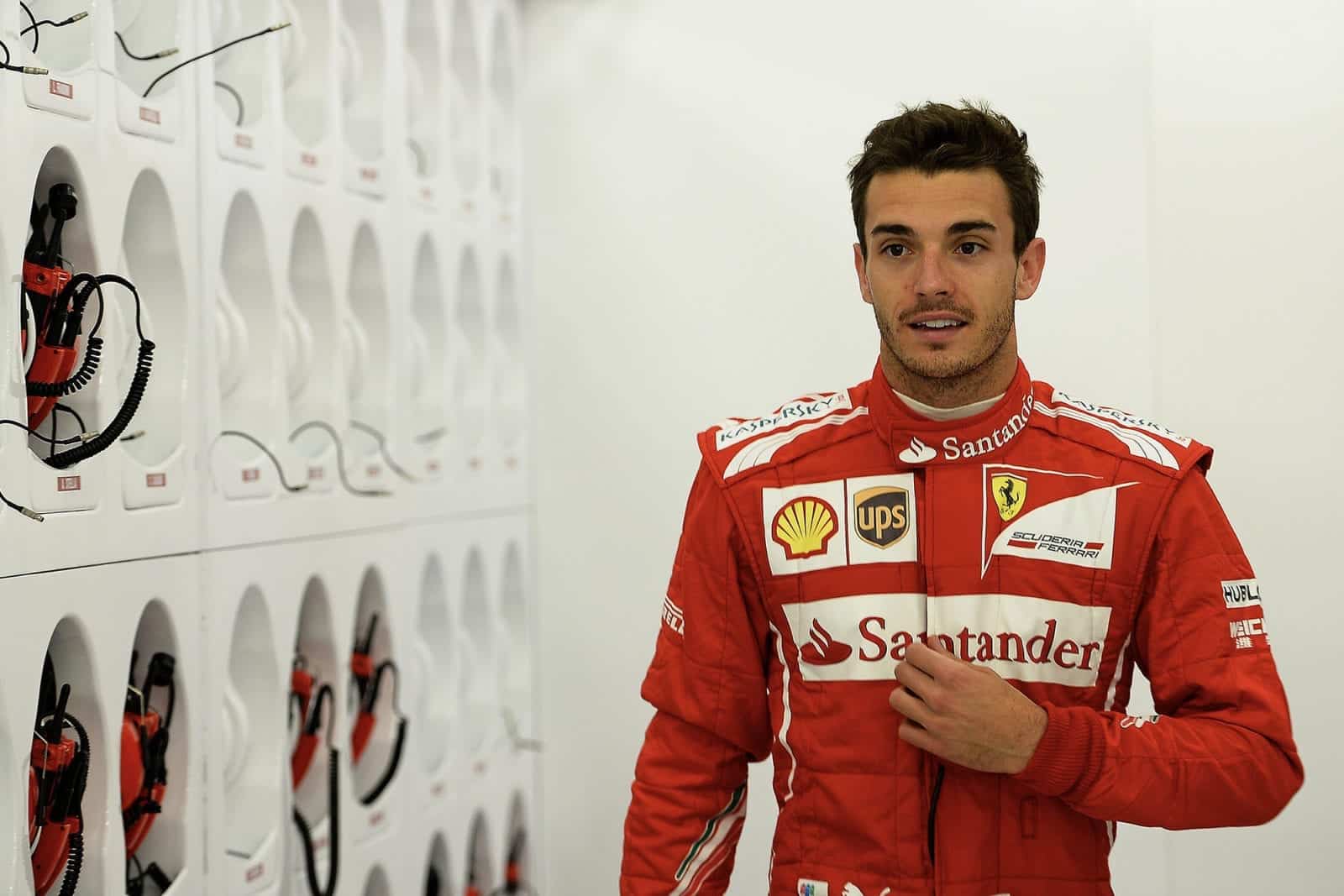 Jules BIanchi in Ferrari overalls at a 2014 F1 test at Silverstone