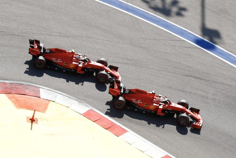 Sebastian Vettel takes the lead from Charles Leclerc at the start of the 2019 Russian Grand Prix