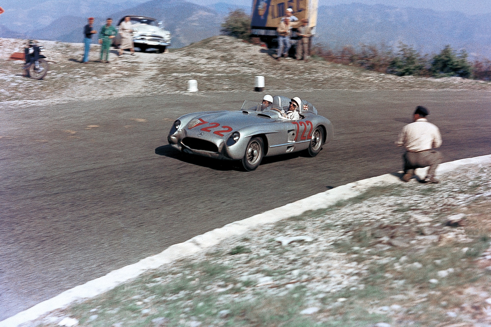 Stirling Moss at high speed in the 1955 Mille Miglia