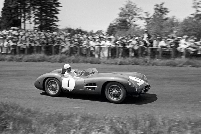 Stirling Moss in the Aston Martin DBR1 during the 1958 Nurburgring 1000km