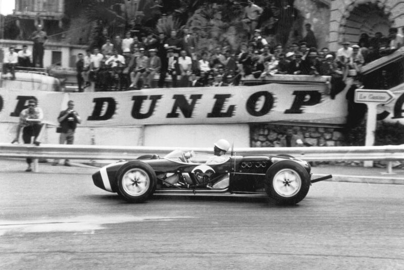 Stirling Moss in the Lotus 18 with side panels removed for cooling at Monaco in 1961