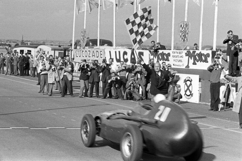 Stirling Moss wins the 1957 British Grand Prix with Tony Brooks for Vanwall