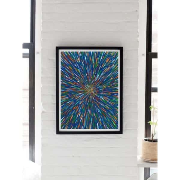 blue abstract painting lifestyle white wall