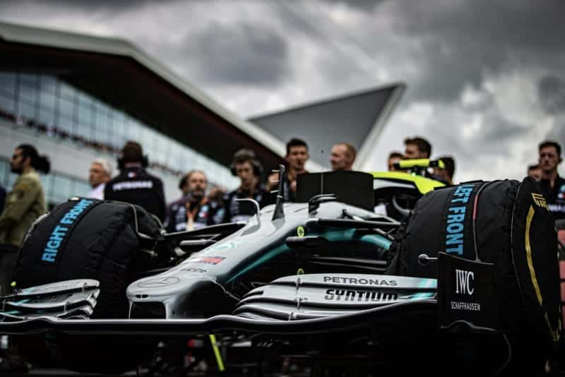 Valtteri Bottas Mercedes on the grid on front of the Silverstone Wing at the British Grand Prix