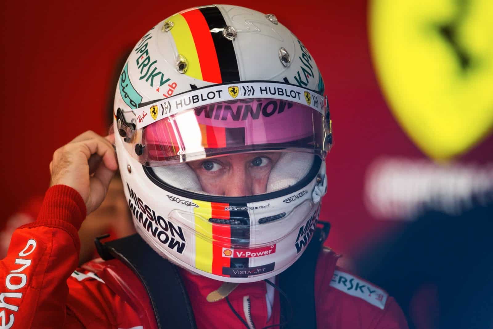 Sebastian Vettel in the Ferrari garage