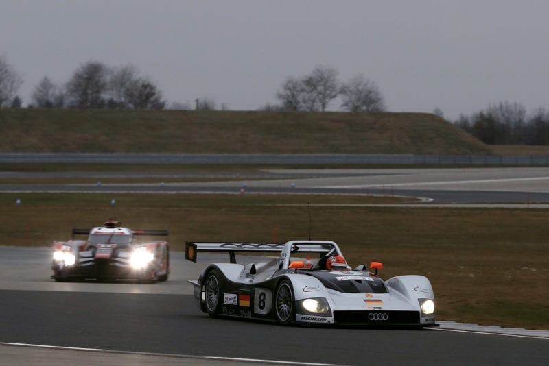 1999 Audi R8R and 2016 Audi R18 on track