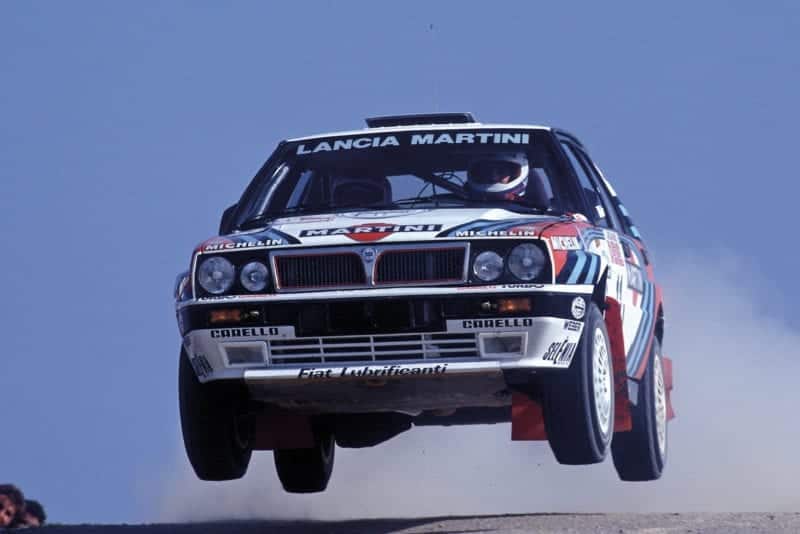 Martini Lancia Delta Integrale in the air on the 1990 Sanremo Rally