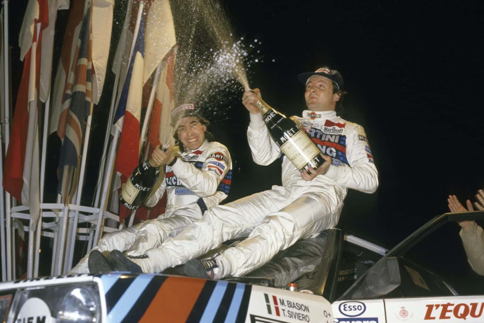 Miki Biasion and Tiziano Siviero celebrate winning the 1987 Monte Carlo Rally