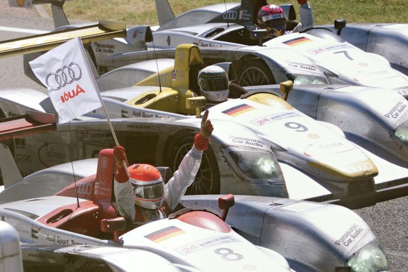 Three Audi R8s after taking the top three places at the 2000 Le Mans 24 Hours