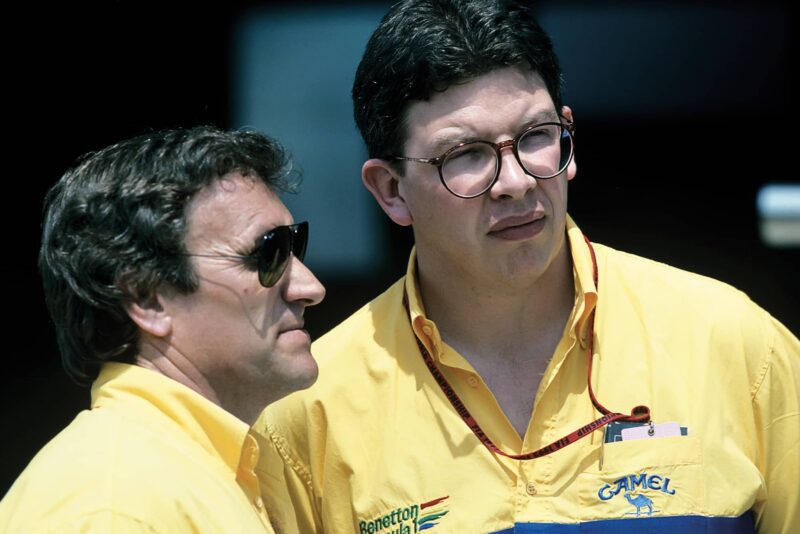 Tom Walkinshaw with Ross Brawn at Benetton in the 1990s