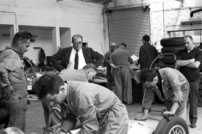 Carlo Chiti overseeing work to Ferrari 156s in the 1961 Belgian Grand Prix at Spa