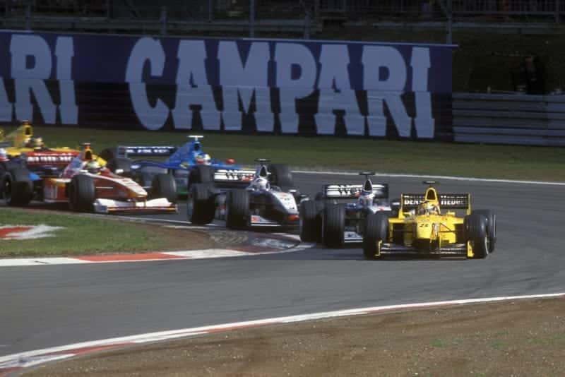 Heinz Harald Frentzen leads into the first corner in the 1999 European Grand Prix at the Nurburgring