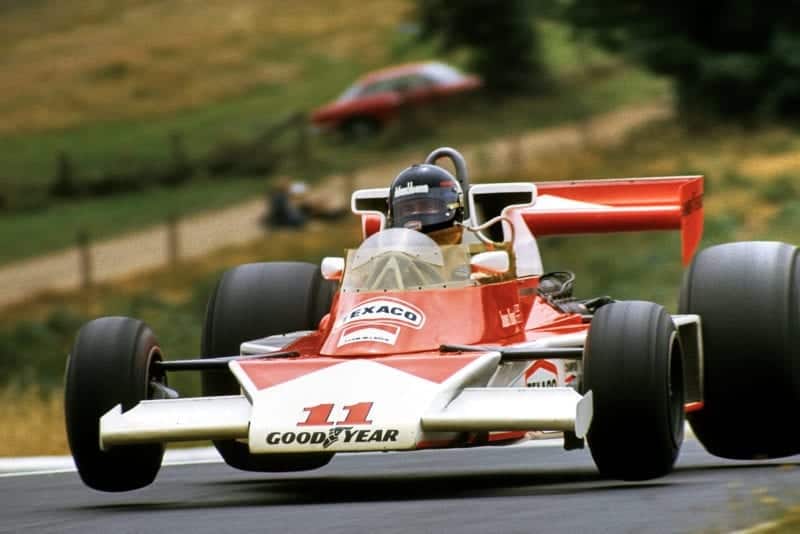 James Hunt in the air at the Nurburgring in 1976