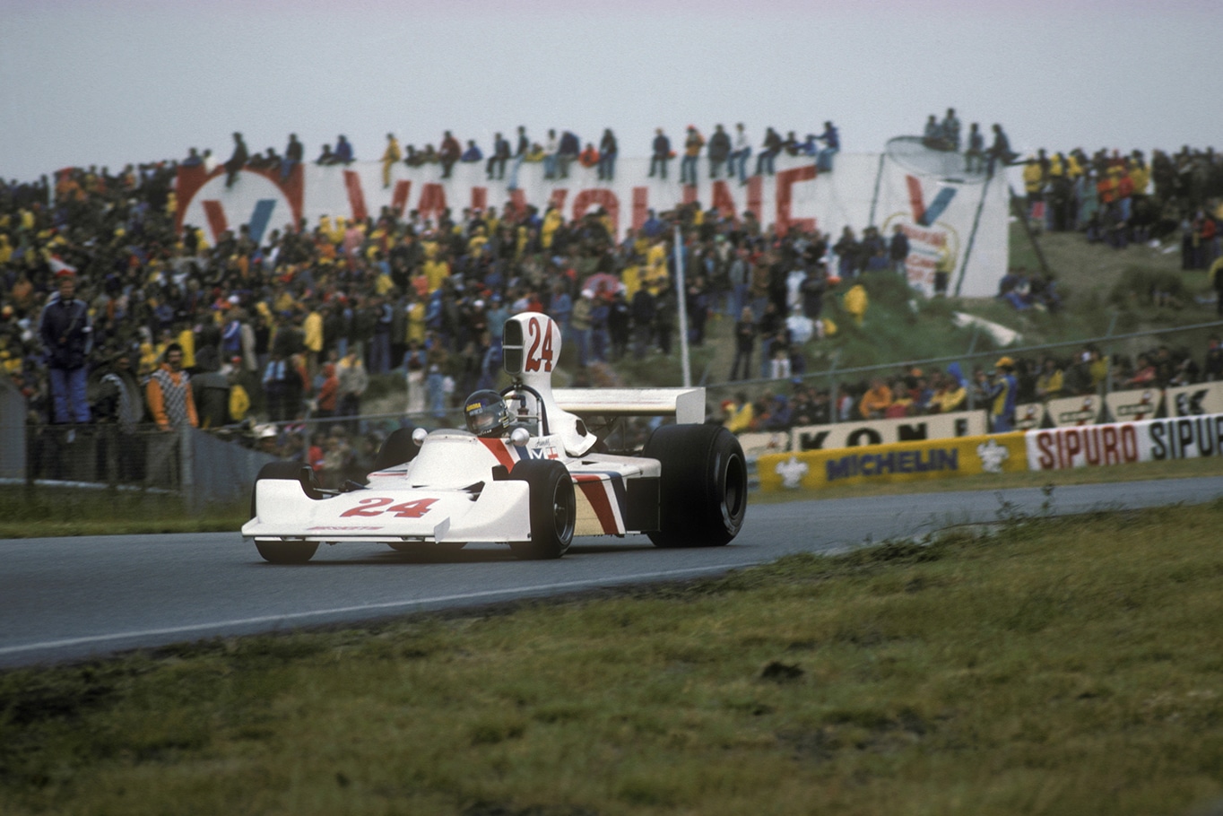 James Hunt on slicks as the track dries at Zandvoort during the 1975 Dutch Grand Prix