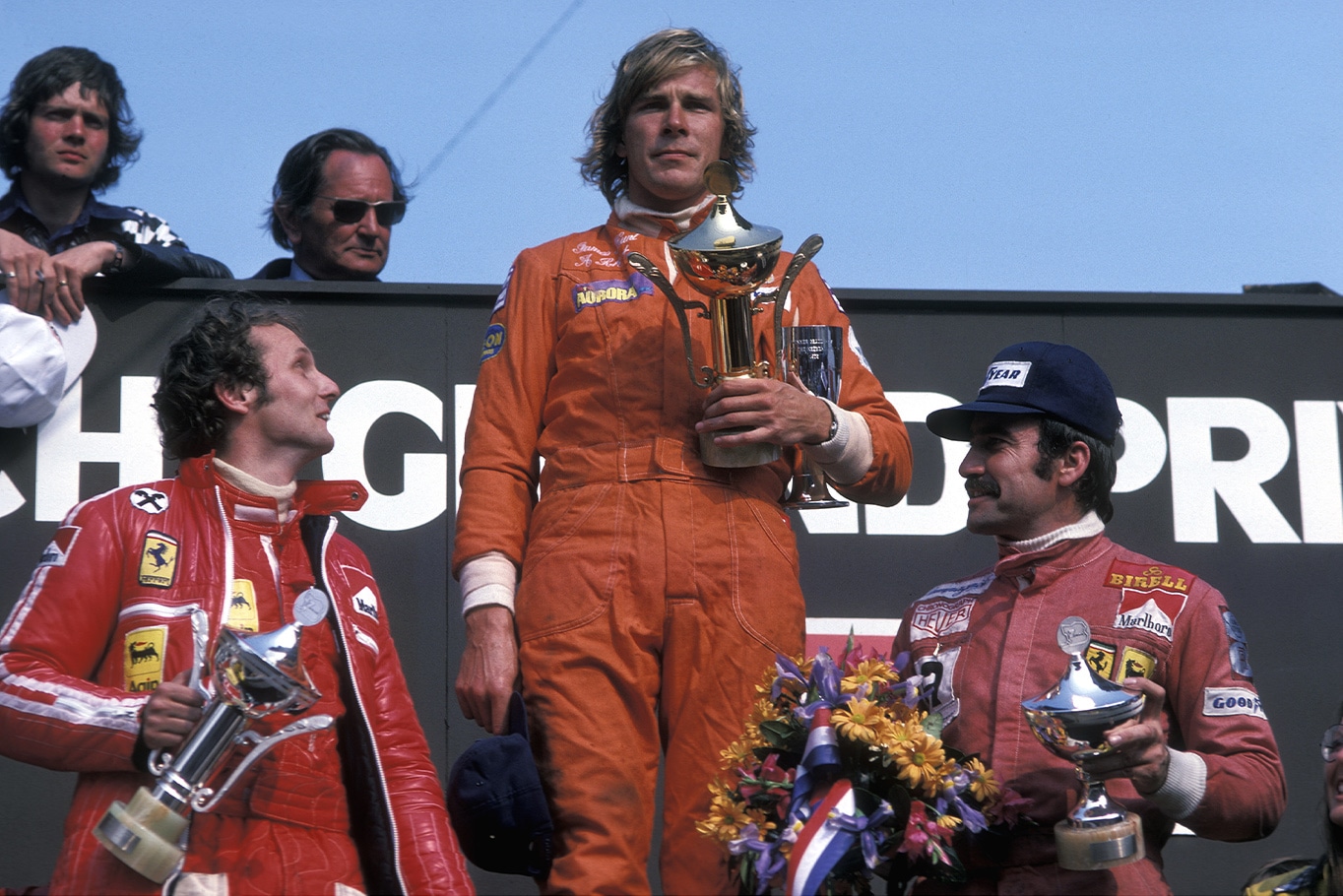 James Hunt on the top step of the podium for Hesketh Racing after winning the 1975 Dutch Grand Prix at Zandvoort