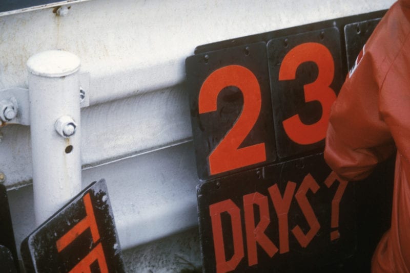 James Hunt's pitboard asking if it is time to stop for dry tyres at the 1976 Japanese Grand Prix