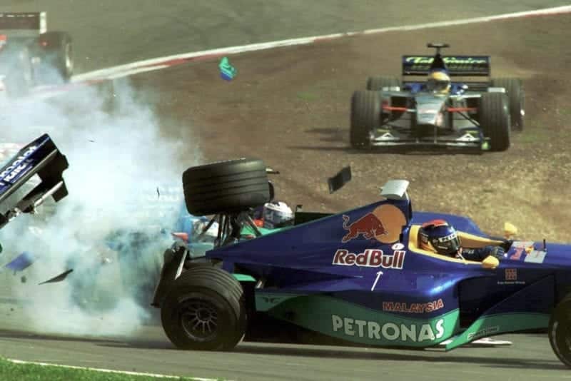 Pedro Diniz is flipped by Alexander Wurz at the start of th 1999 F1 European Grand Prix at the Nurburgring