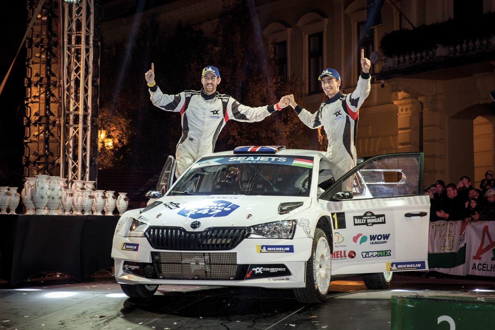 Chris Ingram and co-driver Ross Whittock celebrate winning the 2019 ERC championship in Hungary