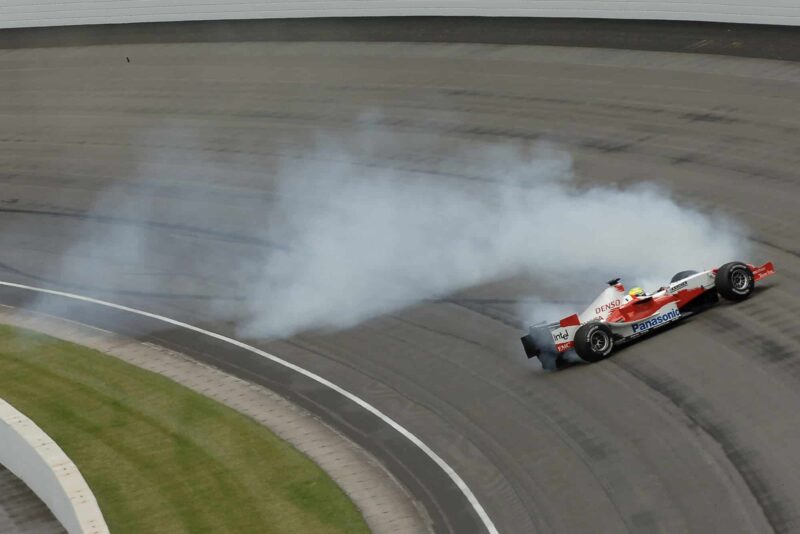 Ralf Schumacher crashes in practice for the 2005 US Grand Prix