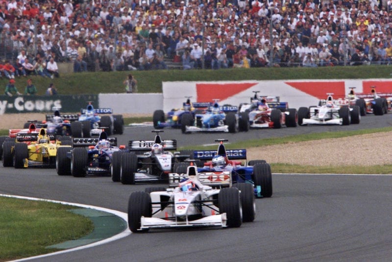 Rubens Barrichello leads at the start of the 1999 French Grand Prix