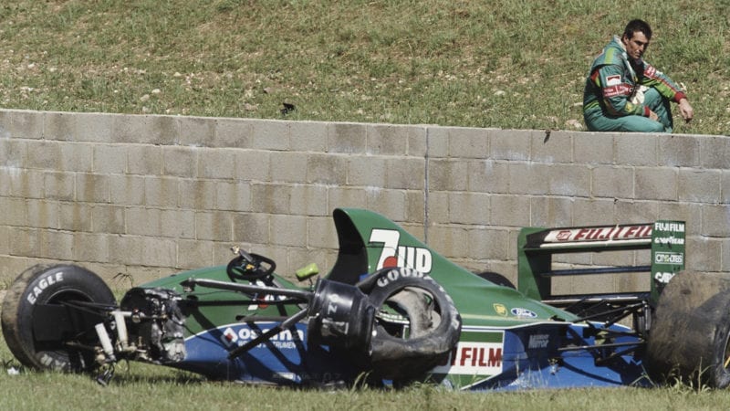 Andrea de Cesaris after crashing out of the 1991 F1 British Grand Prix