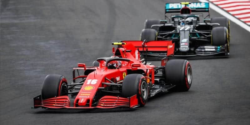 Charles Leclerc ahead of Valtteri Bottas in the 2020 F1 Hungarian Grand Prix