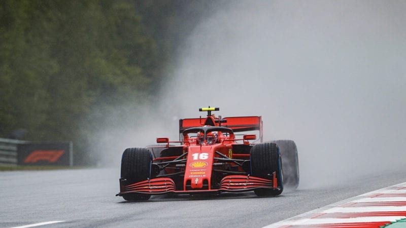 Charles Leclerc raises a cloud of spray during qualifying for the 2020 F1 Styrian Grand Prix at the Red Bull Ring