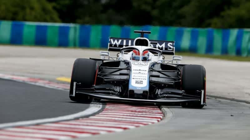 George Russell's Williams rides the kerb during qualifying for the 2020 F1 Hungarian Grand Prix