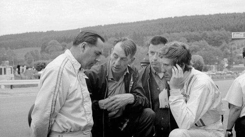 Jack Brabham with Ron Tauranac Leo Mehl and Jochen Rindt at the 1968 Belgian Grand Prix