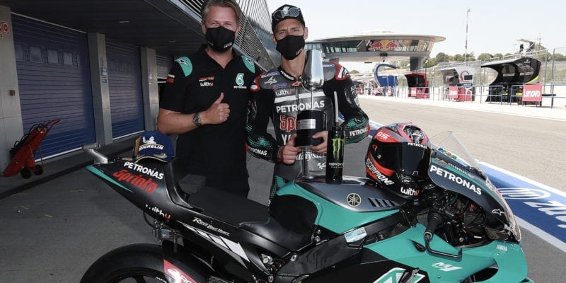 Johan Stigefelt with Fabio Quartararo ater winning his second MotoGP race at Jerez in 2020