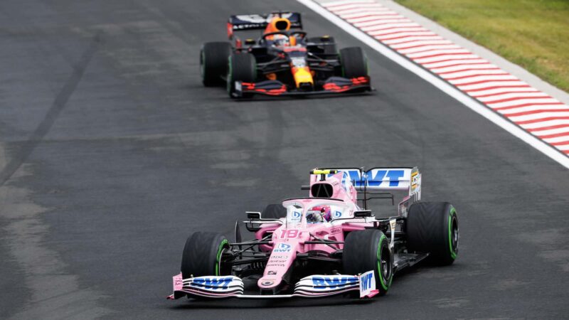 Lance Stroll ahead of Max Verstappen in the early laps of the 2020 F1 Hungarian Grand Prix