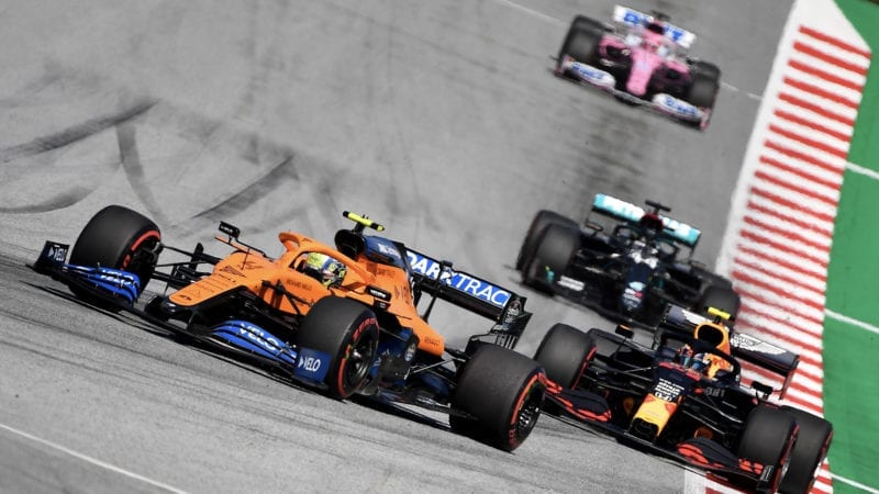 Lando Norris ahead of Alex Albon and Lewis Hamilton during the 2020 F1 Austrian Grand Prix