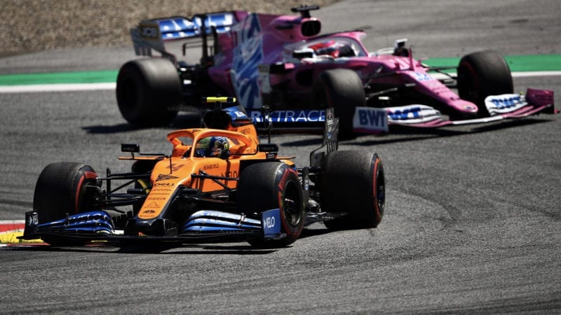 Lando Norris leads Sergio Perez in the 2020 F1 Austrian Grand Prix