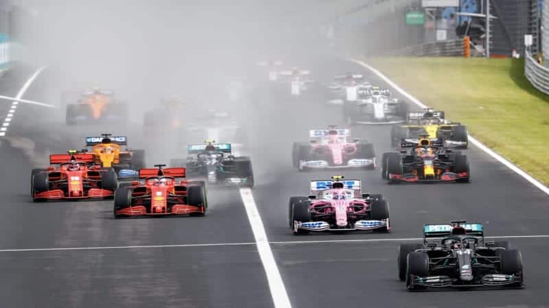 Lewis Hamilton leads away at the start of the 2020 Formula 1 Hungarian Grand Prix