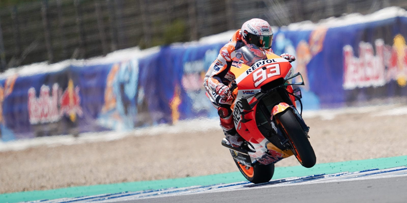 Marc Marquez lifts his front wheel during the 2020 MotoGP Spanish Grand Prix