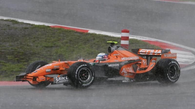 Markus Winkelhock driving his Spyker in the rain at the 2007 European F1 Grand Prix at the Nurburgring