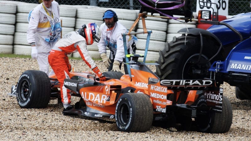 Markus Winkelhock's car in the gravel after retiring from the 2007 European F1 Grand Prix at the Nurburgring