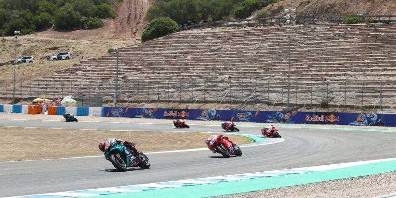 Maverick Vinales leads in the early stages of the 2020 MotoGP Spanish Grand Prix at Jerez