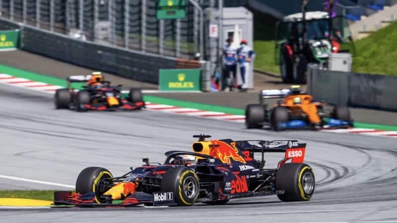 Max Verstappen ahead of Lando Norris and Alex Albon in the early laps of the 2020 Austrian Grand Prix
