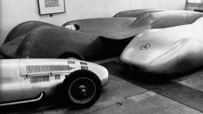 Mercedes T 80 land speed record car with a streamlined Mercedes W125 and a 1.5 litre Formula 1 car