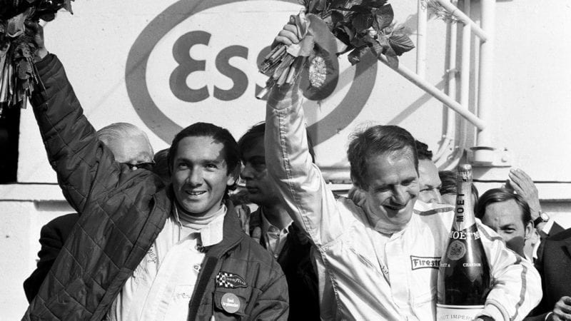 Pedro Rodriguez and Lucien Bianchi after their 1968 Le Mans 24 Hours victory
