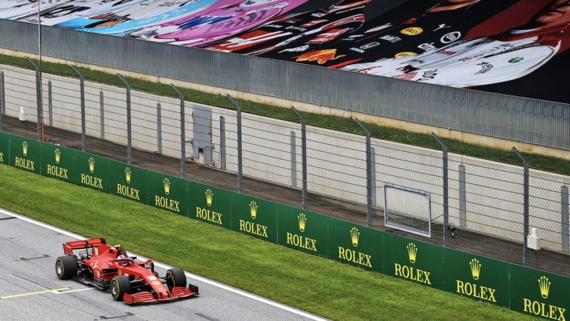 Sebastian Vettel in practice for the 2020 F1 Austrian Grand Prix in front of empty grandstands