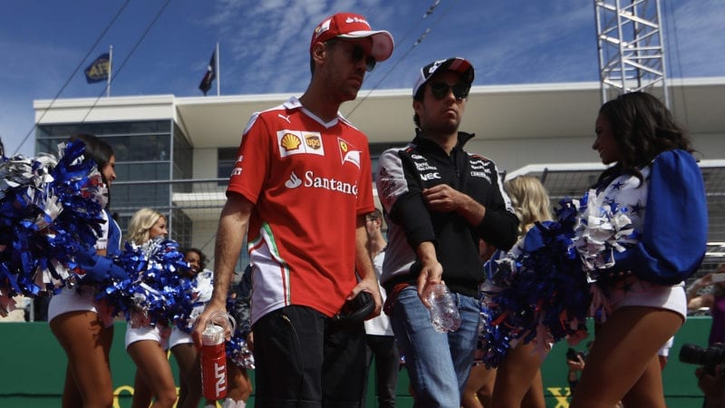 Sebastian Vettel with Sergio Perez at the Circuit of the Americas US F1 Grand Prix in 2016