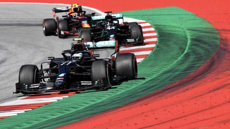 Valtteri Bottas leads Lewis Hamilton and ALex Albon in the 2020 F1 Austrian Grand Prix