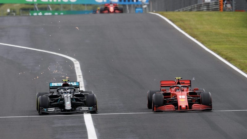 Valtteri Bottas overtakes Charles Leclerc during the 2020 Hungarian Grand Prix