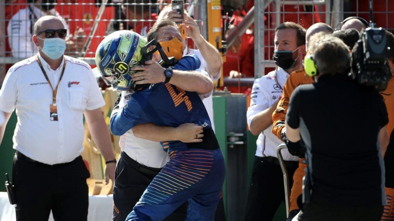 Zak Brown embraces Lando Norris after the 2020 Austrian Grand prix