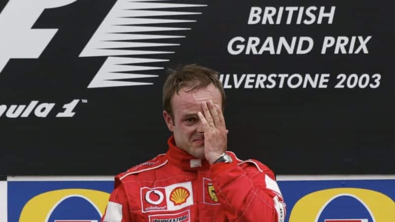 A tearful Rubens Barrichello celebrates victory in the 2003 British Grand Prix at Silverstone